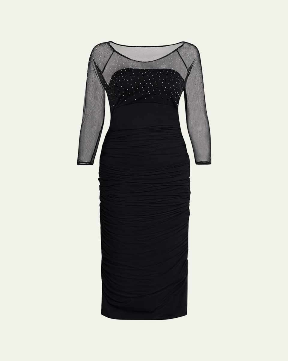 Gyun Ruched Rhinestone Illusion Midi Dress